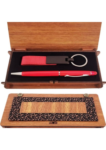 Ahşap Kutulu Kırmızı Kalem ve Anahtarlık Set - TGR3101-5099