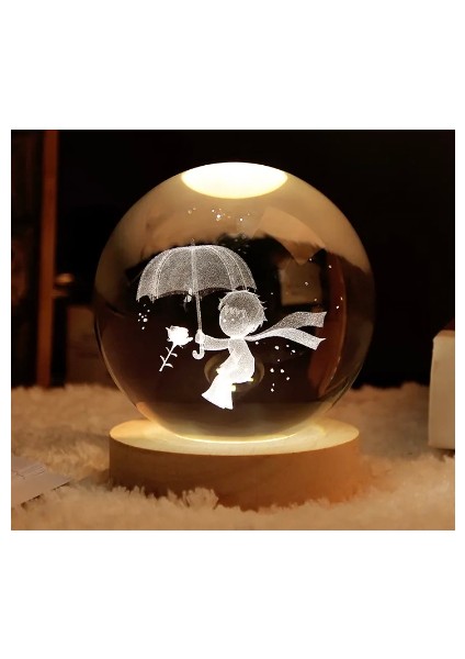 Dekoratif Küçük Prens Tasarımlı Ahşap Altlıklı Işıklı Cam Küre Büyük B - TGR3188-9697