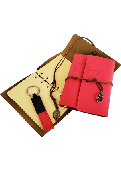 Ahşap Kutulu Kırmızı Deri Defter ve Anahtarlık Set - TGR8485-3523