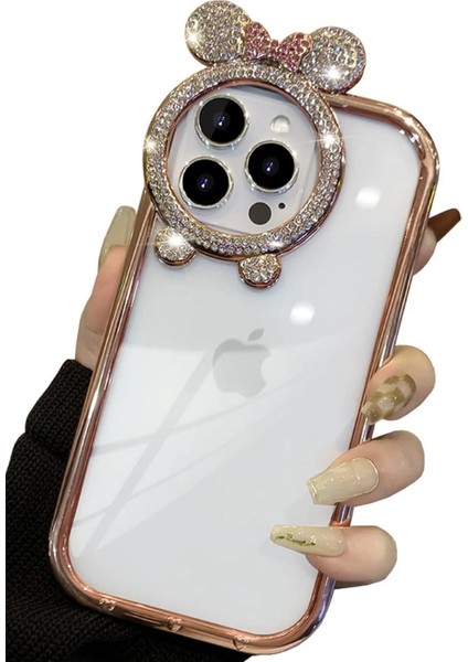 Apple iPhone 15 Pro Uyumlu Taşlı Minnie Mouse Kulaklı Metalik Çerçeveli Şeffaf Silikon Kılıf