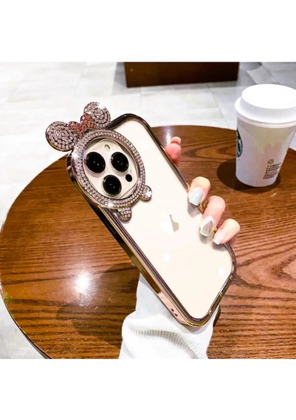 Apple iPhone 15 Pro Uyumlu Taşlı Minnie Mouse Kulaklı Metalik Çerçeveli Şeffaf Silikon Kılıf fiyatları