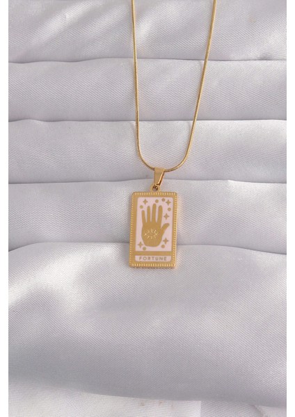 316L Çelik Gold Renk Pembe Mineli El Figür Tarot Kolye - Lisinya
