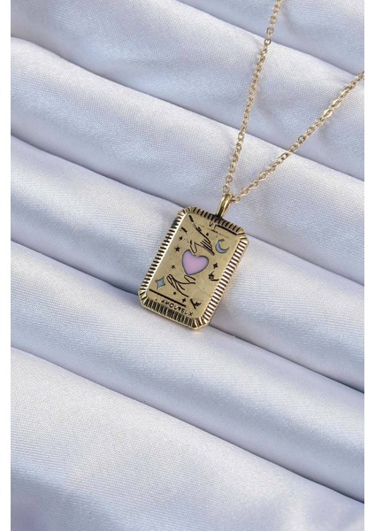 316L Çelik Zincir Eskitme Altın Renk Pembe Mineli Kalp Figürlü Tarot Kolye - Lisinya