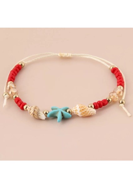 Denız Yıldız Kırmızı Boncuklu Halhal ve Bileklik