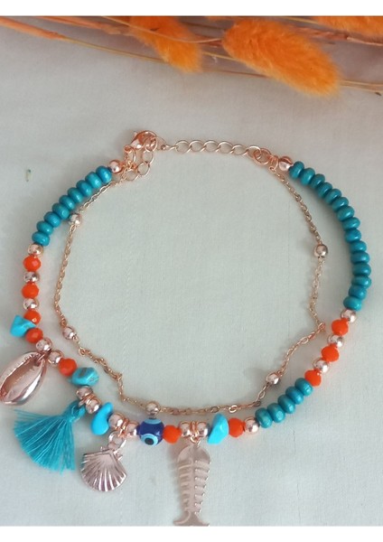 Kadın - Turkuaz Ahşap Püsküllü Rose Zincir Halhal