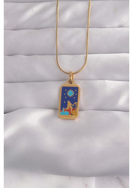 316L Çelik Gold Renk Mavi Mineli Kız Figür Tarot Kolye - Lisinya