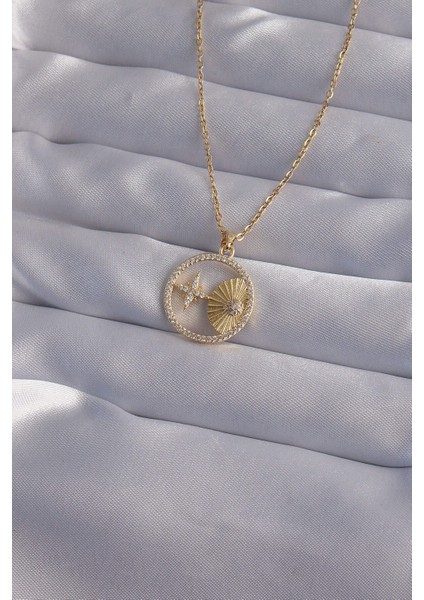316L Çelik Zincir Gold Renk Zirkon Taşlı Yıldız Figürlü Oval Kolye - Lisinya