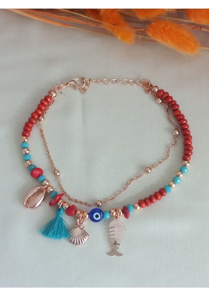 Kadın - Bordo Ahşap Püsküllü Rose Zincir Halhal