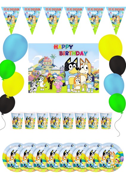 Bluey Bayraklı ve Afişli Doğum Günü Parti Malzemeleri Seti