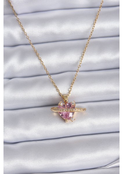 316L Çelik Gold Renk Zincir Pembe Kristal Kalp Model Zirkon Taş Detay Kadın Kolye - Lisinya