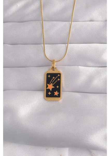 316L Çelik Gold Renk Siyah Mineli Yıldız Figür Tarot Kolye - Lisinya