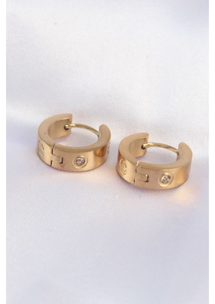 316L Çelik Gold Renk Zirkon Taşlı Minimal Model Halka Küpe - Lisinya
