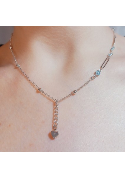 Gümüş Kaplama Kalp Kolye, Minimal Nazar Boncuklu Kolye, Kalp Kolye, Gümüş Kaplama Top Zincir Kolye, Gümüş Rodyumlu Kaplama Kalp Kolye, Kadın Kolye, Hediyelik Kolye, Minimal Kalp Kolye