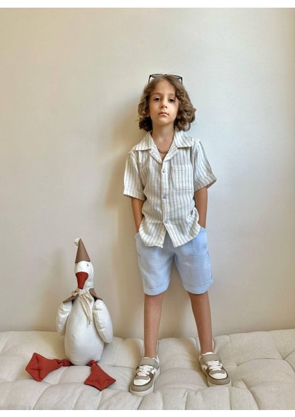 Erkek Çocuk Çizgili Gömlekli Keten Bayramlık Takım