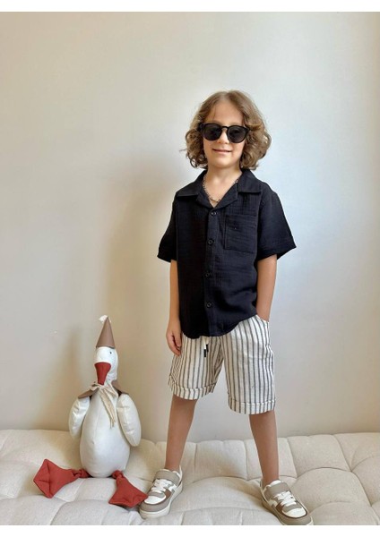 Erkek Çocuk Çizgili Gömlekli Keten Bayramlık Takım