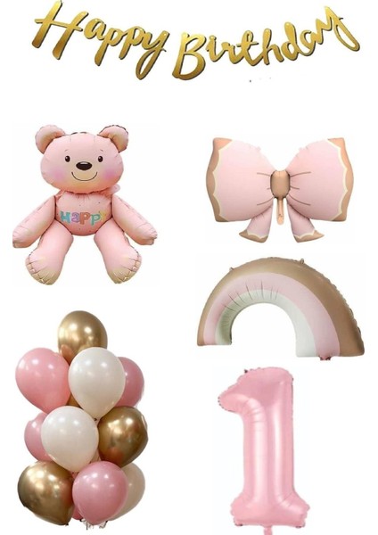 Ayıcık Gökkuşağı Temalı Kız Bebek Konsept Doğum Günü Yaş Seti