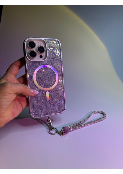 Apple iPhone 15 Uyumlu Magsafe Özellikli Lüks Taşlı Glamour Set Kapak