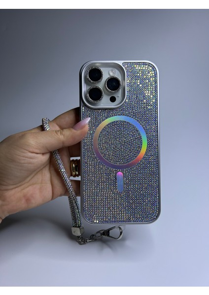 Apple iPhone 15 Uyumlu Magsafe Özellikli Lüks Taşlı Glamour Set Kapak