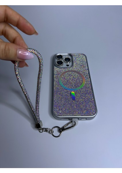 Apple iPhone 15 Uyumlu Magsafe Özellikli Lüks Taşlı Glamour Set Kapak