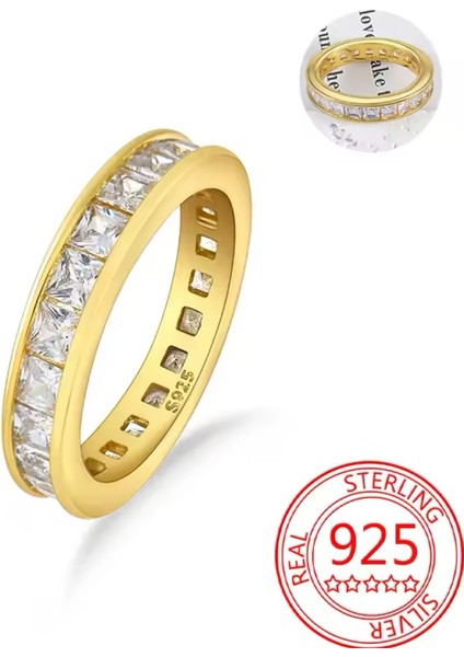 Gold Renk Zirkon Detaylı Tam Tur Kanallı 925 Ayar Yüzük