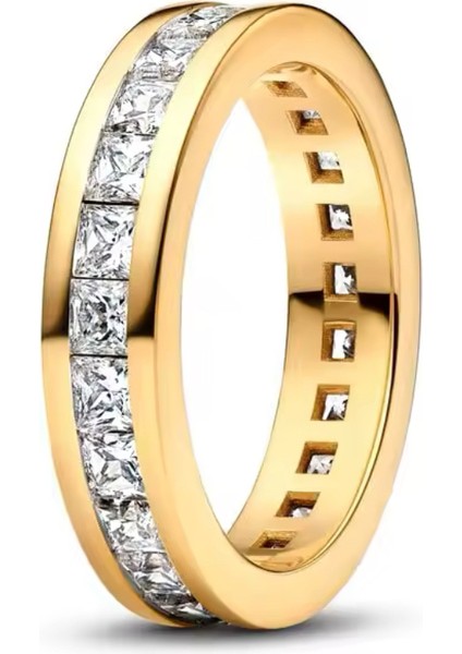 Gold Renk Zirkon Detaylı Tam Tur Kanallı 925 Ayar Yüzük modelleri