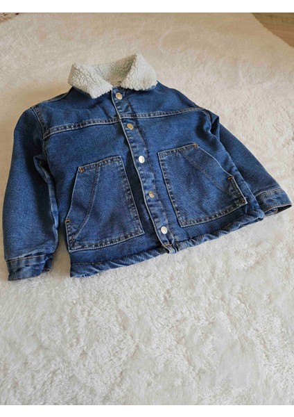 Için Kürklü Kot Mont Unisex Erkek, Kız Çocuk Kot Ceket