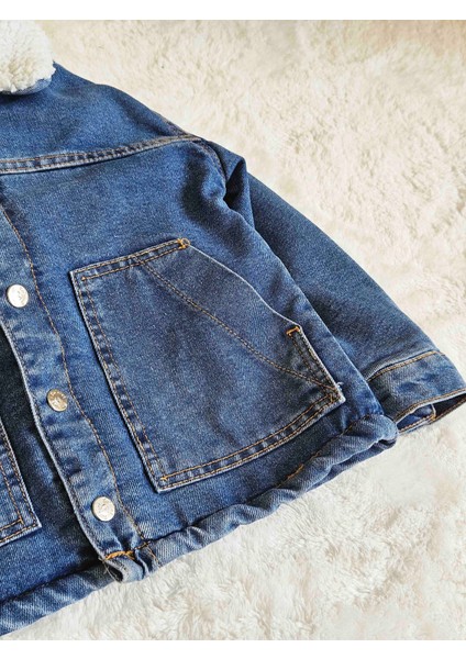 Için Kürklü Kot Mont Unisex Erkek, Kız Çocuk Kot Ceket