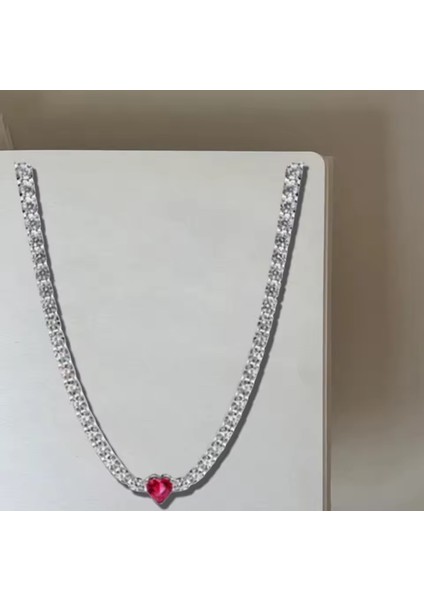 Zirkon Taşlı Hale Kalp Choker Kırmızı Kalp Detaylı Minimal 925 Ayar Gümüş modelleri