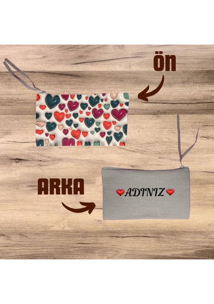 Renkli Kalpler 3d Görünümlü Kişiye Özel Isim Eklenebilen Keten El Çantası