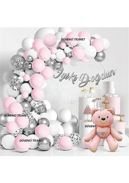 Retro Pembe Ayılı Gümüşlü Pembeli Lüks Zincir Balon Set