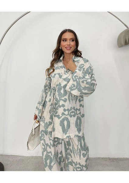 Bağlamalı Desenli Keten Kimono Pantolon Takım