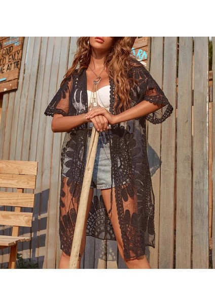 Siyah Tül Üzeri Nakış Detaylı Bohem Pareo