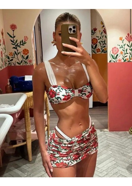 Beyaz Kırmızı Gül Desenli Büzgülü Ikili Takım fırsatları