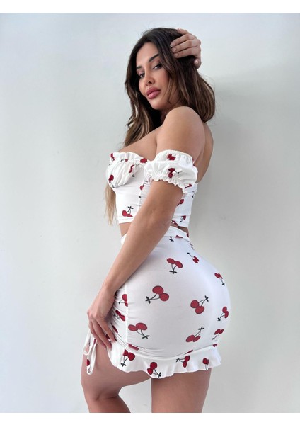 Beyaz Kiraz Desenli Eteği Büzgülü Ikili Takım modelleri