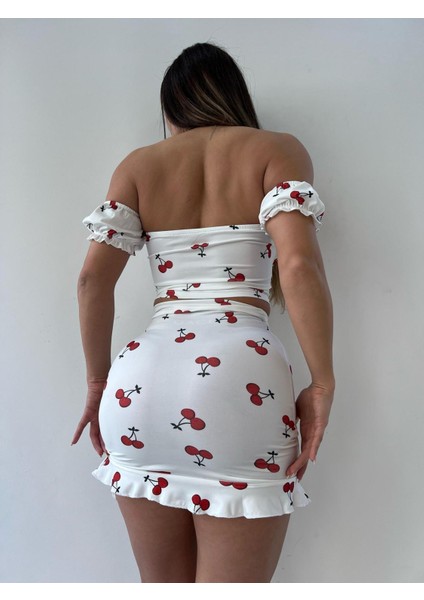 Beyaz Kiraz Desenli Eteği Büzgülü Ikili Takım fırsatları