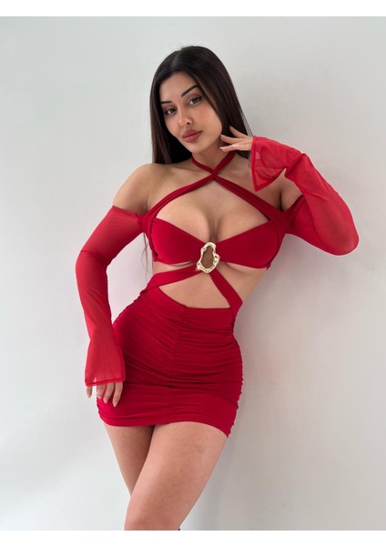 Kırmızı Tül Detaylı Tokalı Sandy Kumaş Elbise fiyatları