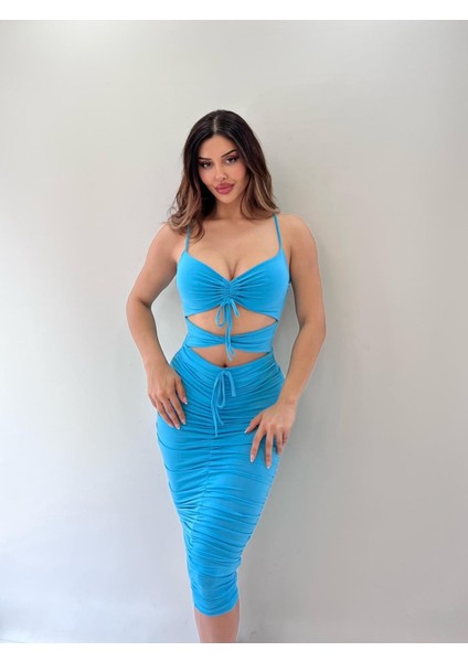 Turkuaz Sandy Kumaş Full Likra Kalem Elbise