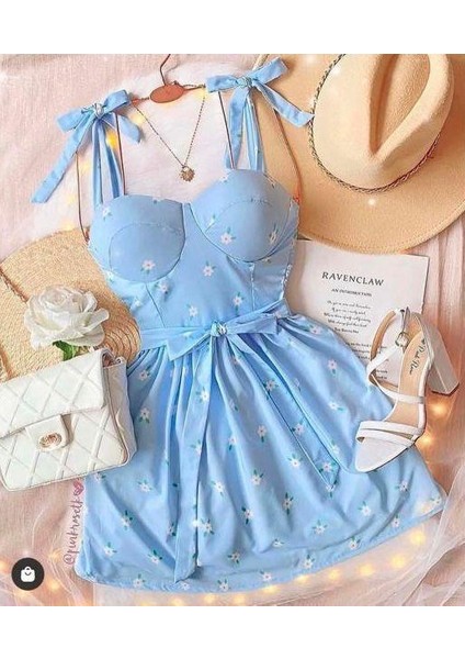 Bebe Mavisi Çiçek Desenli Kloş Omuzdan Bağlamalı indirimleri