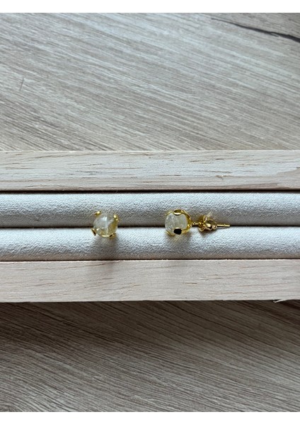 Kristal Kuvars Taşı Altın Kaplama Top Küpe