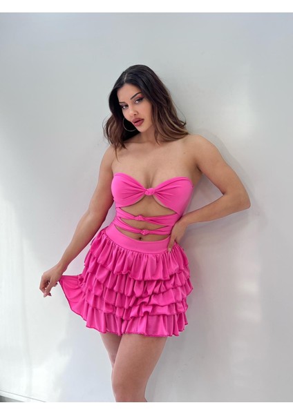 Pembe Eteği Kat Kat Fırfırlı Sandy Mini Elbise