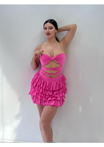 Pembe Eteği Kat Kat Fırfırlı Sandy Mini Elbise