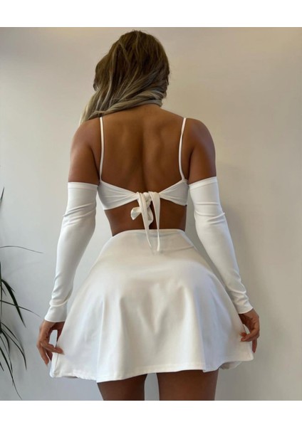 Bağlamalı Sırt Dekolteli Beyaz Mini Elbise modelleri