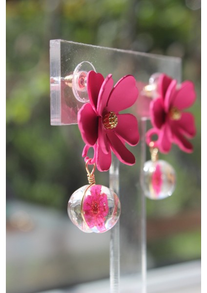 Pembe Çiçek Yuvarlak Epoksi Detaylı Küpe