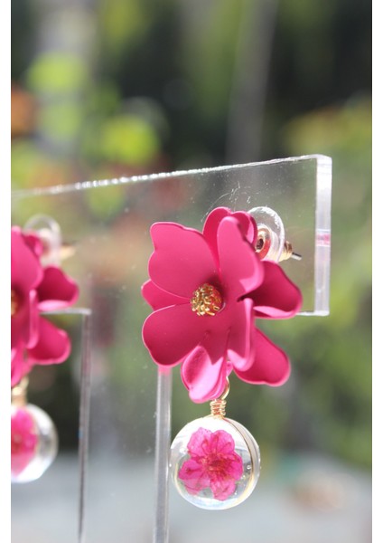 Pembe Çiçek Yuvarlak Epoksi Detaylı Küpe fiyatları