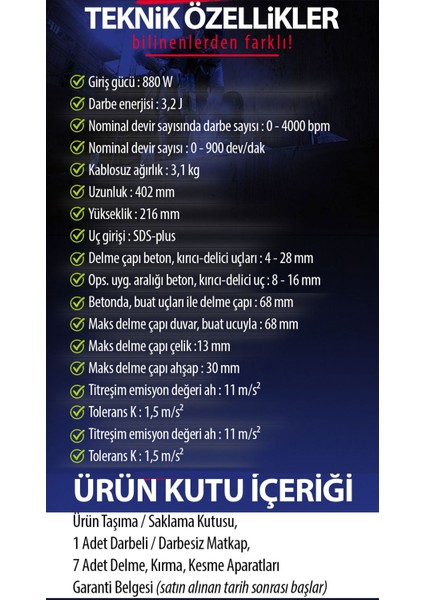 PH004 3'lü Profesyonel Set - 880W Kırıcı Delici Sds Plus (Mavi)