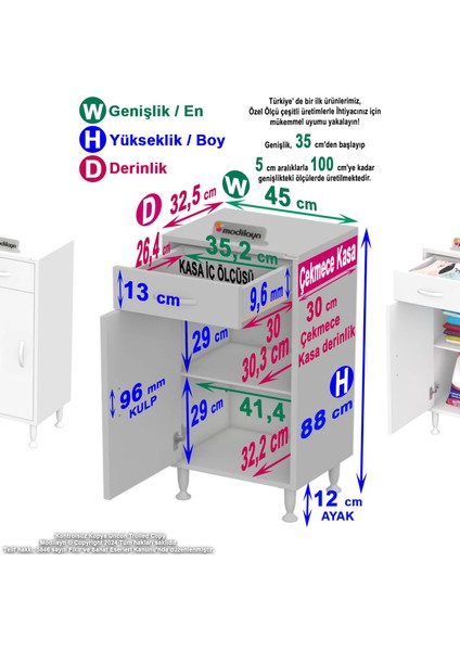 Emir 45 x 88 x 32,5 cm Mutfak Dolabı 1 Çekmece 1 Kapak 1 Raf 2 Gözlü Organizatör Çok Amaçlı Dolap