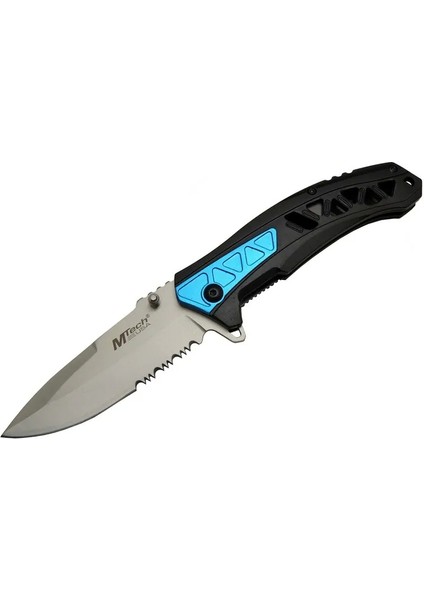 4193 Mavi Kamp Çakı 21cm - Yarı Otomatik Kemerlikli Testere Detaylı Desenli Sap - Mct5101-7217