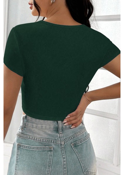 Kadın Yeşil Yarım Kol Düz Yaka Crop Top Bluz