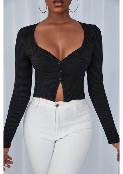Kadın Siyah Uzun Kollu Düğmeli Göğüs ve Göbek Dekolteli Crop Top Bluz