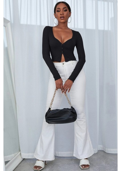 Kadın Siyah Uzun Kollu Düğmeli Göğüs ve Göbek Dekolteli Crop Top Bluz